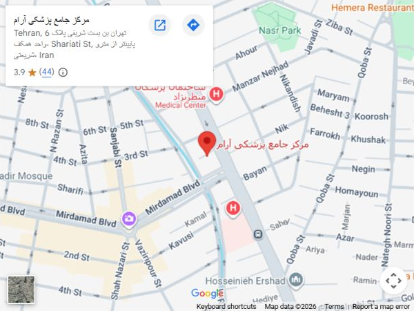 Google Maps location of Aram Medical Center on Shariati Street