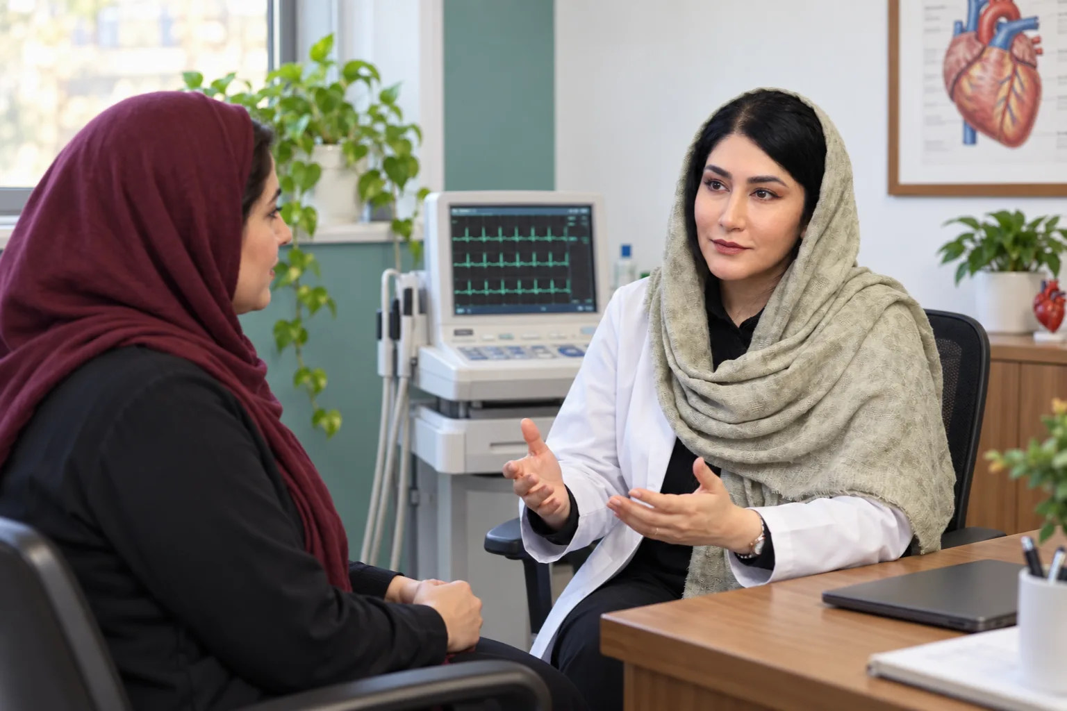 بازسازی تصویری مشاوره دکتر سوده رودباری کنار دستگاه ECG